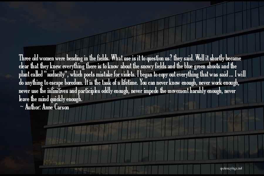 Anne Carson Quotes: Three Old Women Were Bending In The Fields. What Use Is It To Question Us? They Said. Well It Shortly