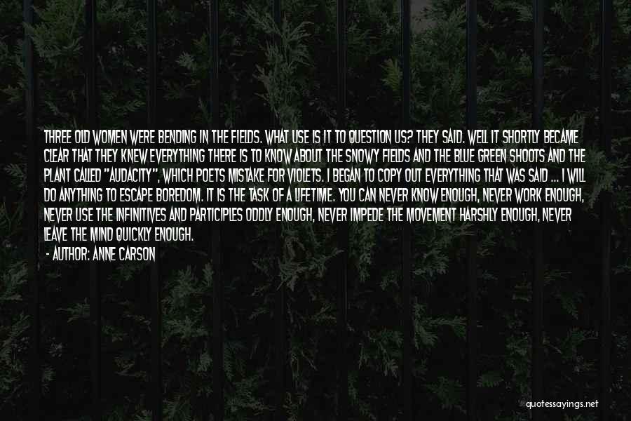 Anne Carson Quotes: Three Old Women Were Bending In The Fields. What Use Is It To Question Us? They Said. Well It Shortly