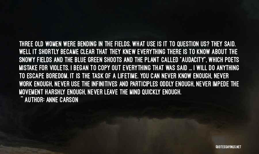 Anne Carson Quotes: Three Old Women Were Bending In The Fields. What Use Is It To Question Us? They Said. Well It Shortly