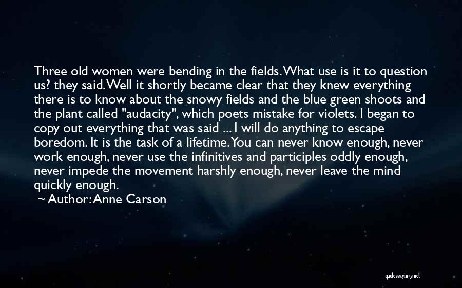 Anne Carson Quotes: Three Old Women Were Bending In The Fields. What Use Is It To Question Us? They Said. Well It Shortly