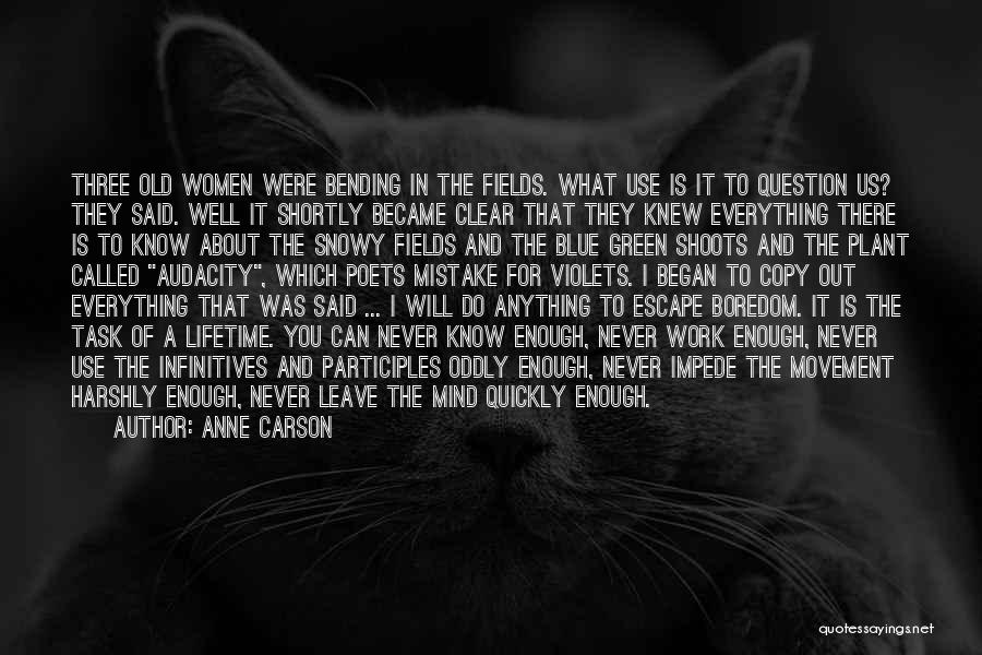 Anne Carson Quotes: Three Old Women Were Bending In The Fields. What Use Is It To Question Us? They Said. Well It Shortly