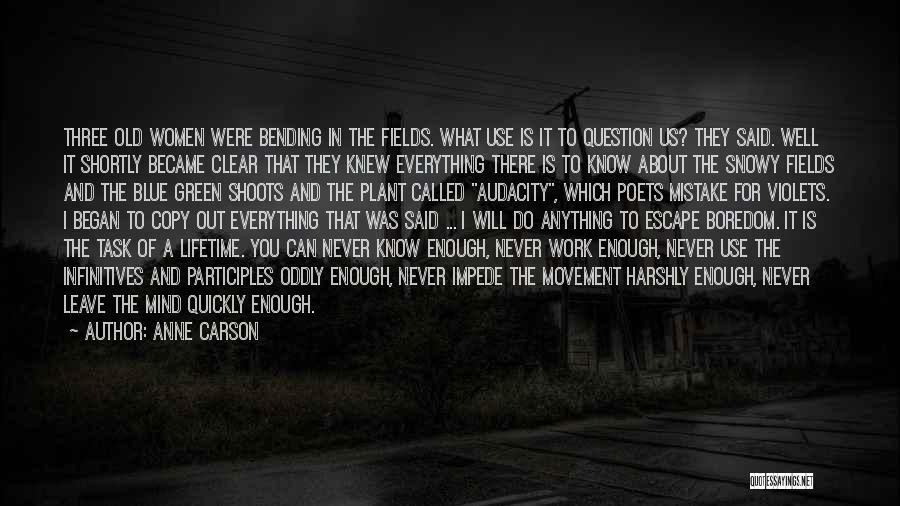 Anne Carson Quotes: Three Old Women Were Bending In The Fields. What Use Is It To Question Us? They Said. Well It Shortly