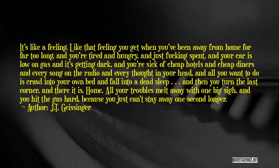 J.T. Geissinger Quotes: It's Like A Feeling. Like That Feeling You Get When You've Been Away From Home For Far Too Long, And