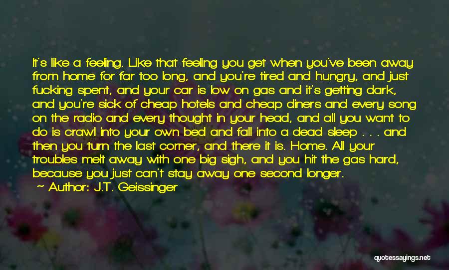 J.T. Geissinger Quotes: It's Like A Feeling. Like That Feeling You Get When You've Been Away From Home For Far Too Long, And