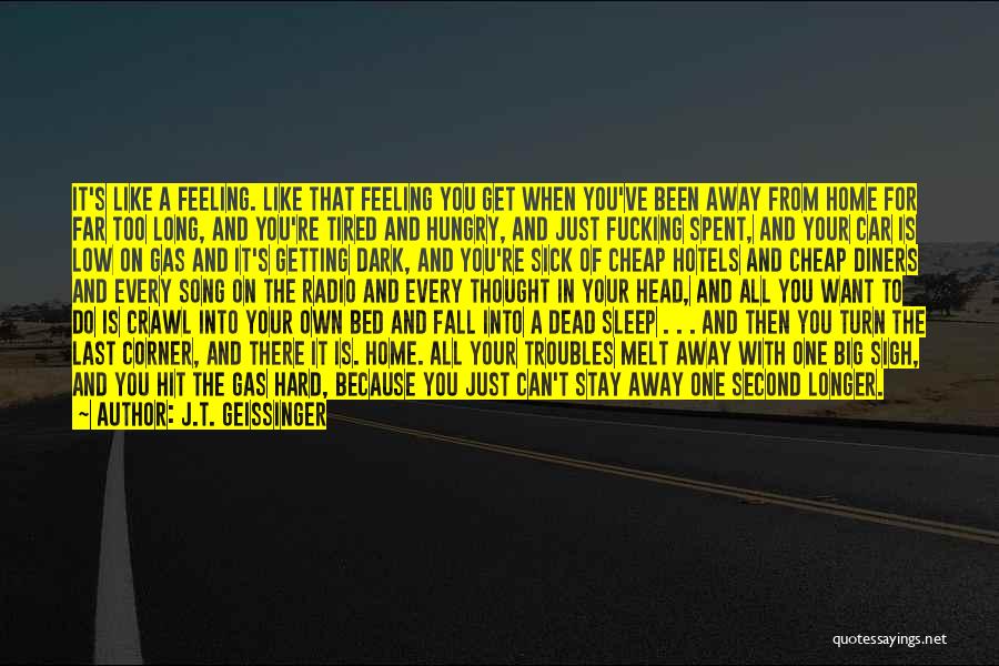 J.T. Geissinger Quotes: It's Like A Feeling. Like That Feeling You Get When You've Been Away From Home For Far Too Long, And