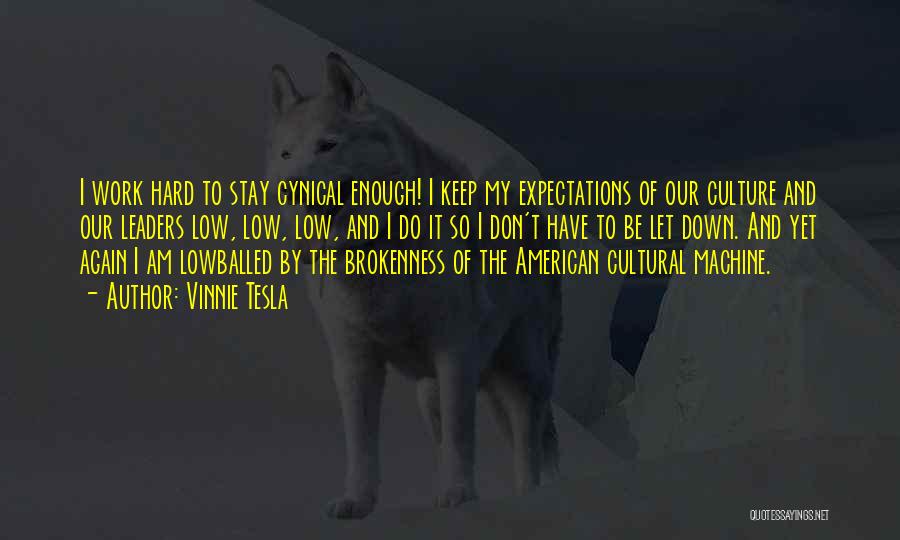 Vinnie Tesla Quotes: I Work Hard To Stay Cynical Enough! I Keep My Expectations Of Our Culture And Our Leaders Low, Low, Low,