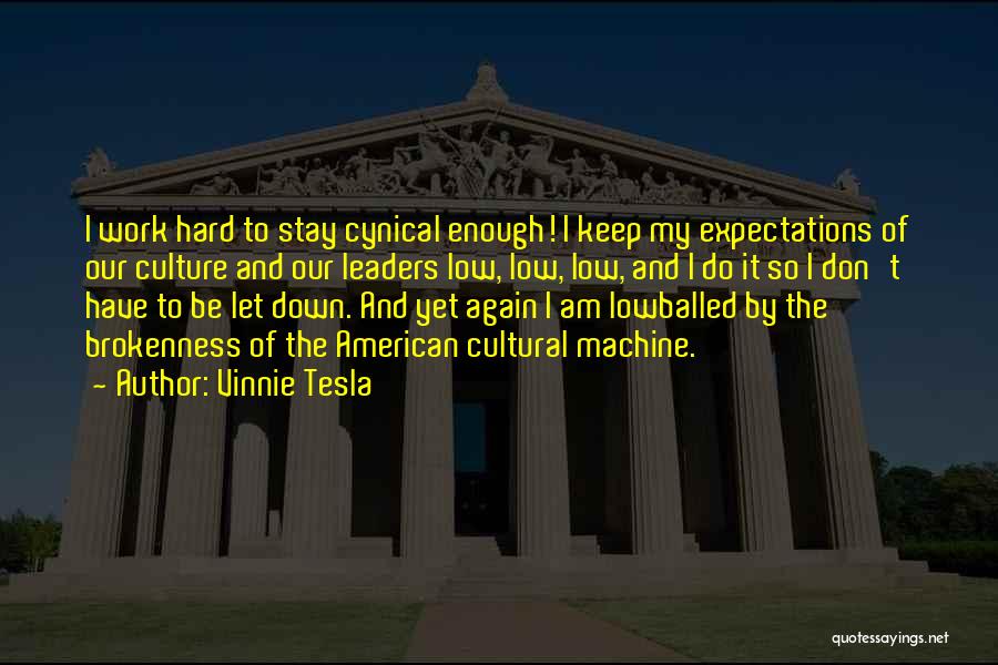 Vinnie Tesla Quotes: I Work Hard To Stay Cynical Enough! I Keep My Expectations Of Our Culture And Our Leaders Low, Low, Low,