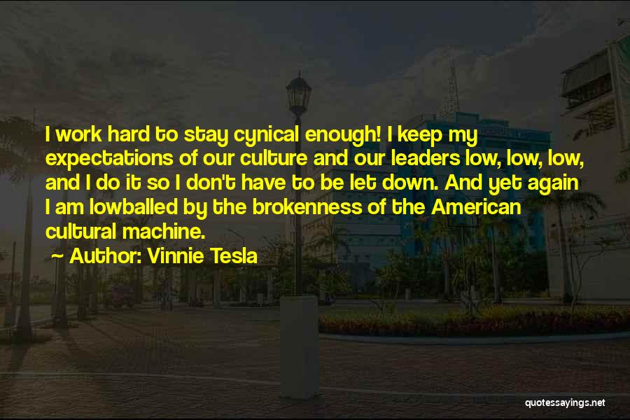 Vinnie Tesla Quotes: I Work Hard To Stay Cynical Enough! I Keep My Expectations Of Our Culture And Our Leaders Low, Low, Low,
