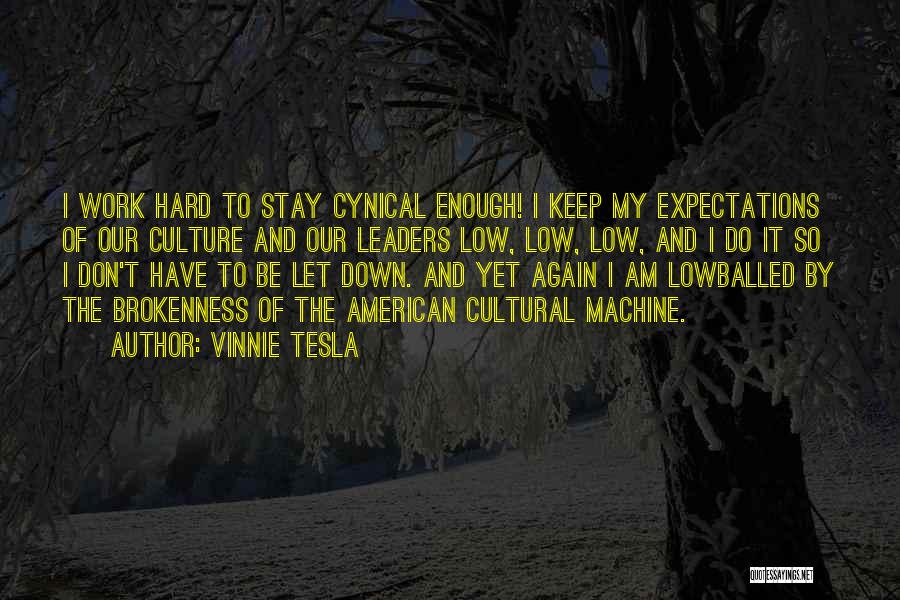 Vinnie Tesla Quotes: I Work Hard To Stay Cynical Enough! I Keep My Expectations Of Our Culture And Our Leaders Low, Low, Low,