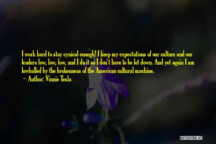 Vinnie Tesla Quotes: I Work Hard To Stay Cynical Enough! I Keep My Expectations Of Our Culture And Our Leaders Low, Low, Low,