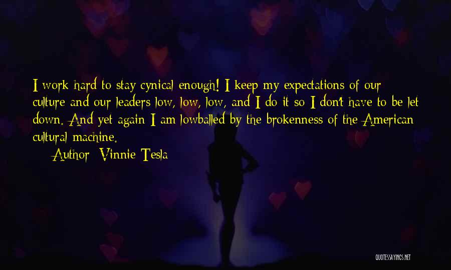 Vinnie Tesla Quotes: I Work Hard To Stay Cynical Enough! I Keep My Expectations Of Our Culture And Our Leaders Low, Low, Low,