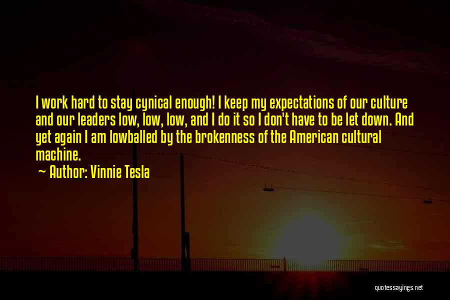 Vinnie Tesla Quotes: I Work Hard To Stay Cynical Enough! I Keep My Expectations Of Our Culture And Our Leaders Low, Low, Low,