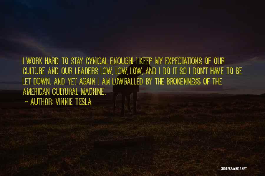 Vinnie Tesla Quotes: I Work Hard To Stay Cynical Enough! I Keep My Expectations Of Our Culture And Our Leaders Low, Low, Low,