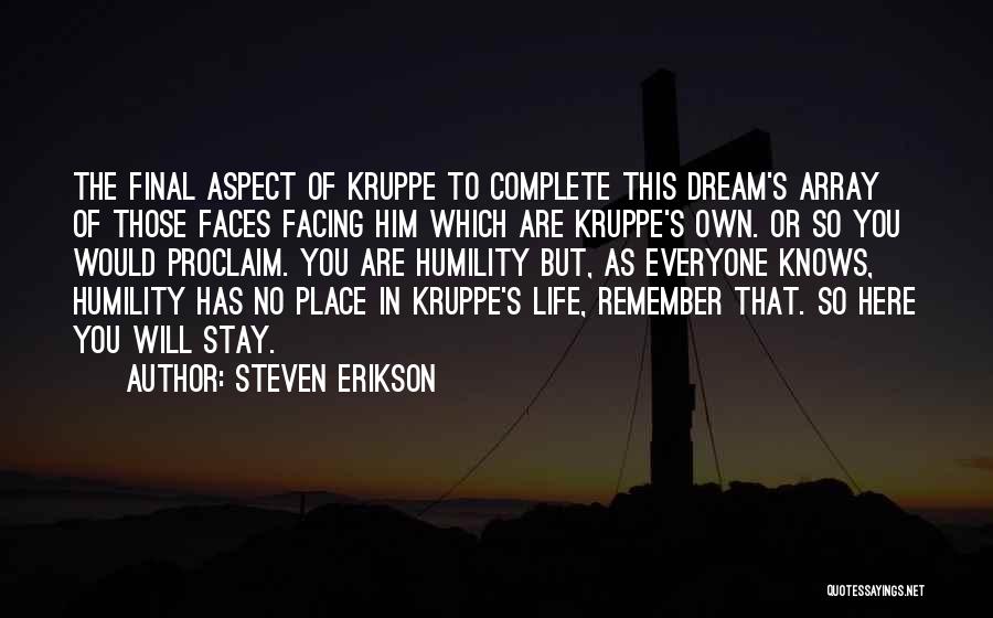 Steven Erikson Quotes: The Final Aspect Of Kruppe To Complete This Dream's Array Of Those Faces Facing Him Which Are Kruppe's Own. Or