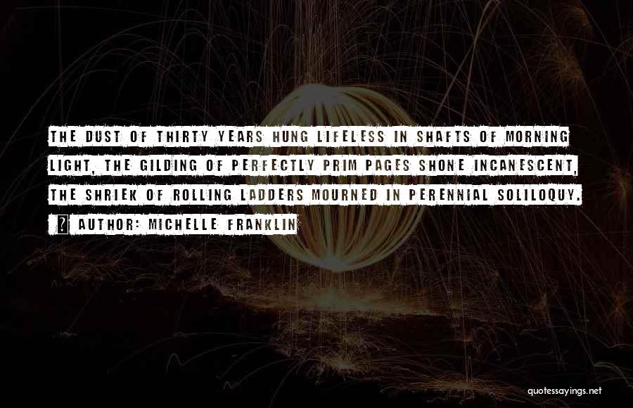 Michelle Franklin Quotes: The Dust Of Thirty Years Hung Lifeless In Shafts Of Morning Light, The Gilding Of Perfectly Prim Pages Shone Incanescent,