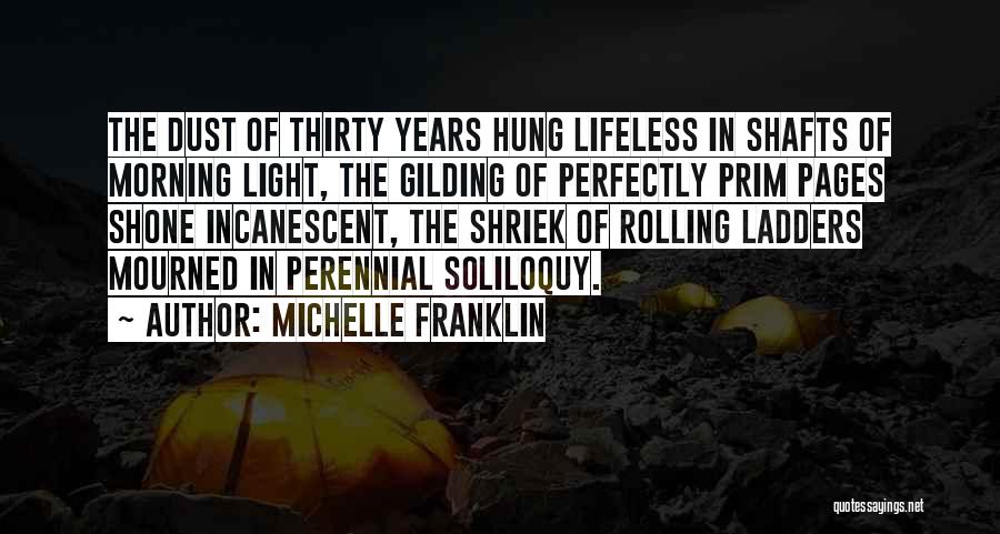 Michelle Franklin Quotes: The Dust Of Thirty Years Hung Lifeless In Shafts Of Morning Light, The Gilding Of Perfectly Prim Pages Shone Incanescent,