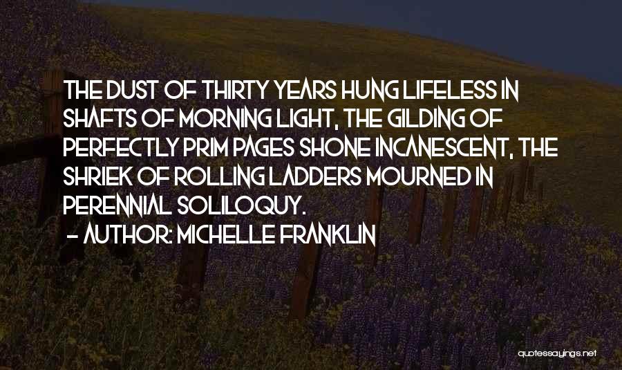 Michelle Franklin Quotes: The Dust Of Thirty Years Hung Lifeless In Shafts Of Morning Light, The Gilding Of Perfectly Prim Pages Shone Incanescent,