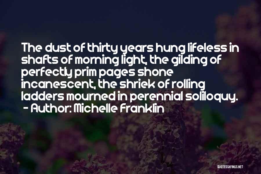 Michelle Franklin Quotes: The Dust Of Thirty Years Hung Lifeless In Shafts Of Morning Light, The Gilding Of Perfectly Prim Pages Shone Incanescent,