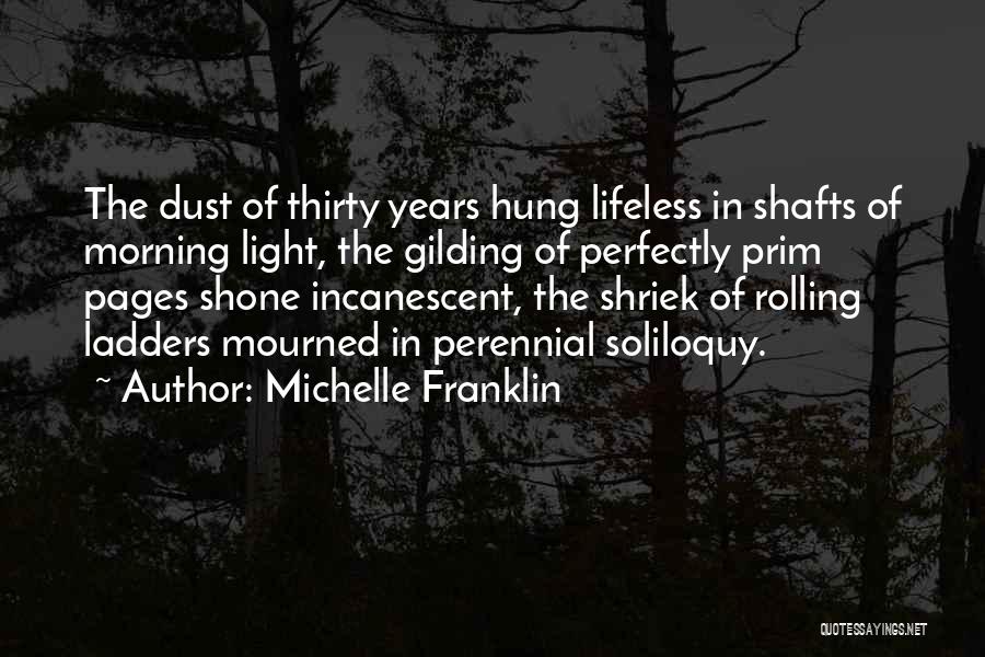 Michelle Franklin Quotes: The Dust Of Thirty Years Hung Lifeless In Shafts Of Morning Light, The Gilding Of Perfectly Prim Pages Shone Incanescent,