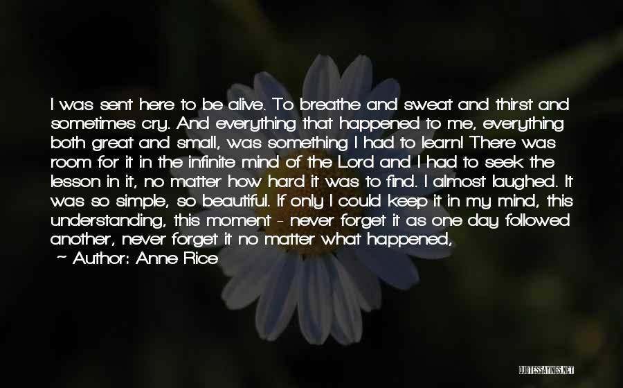 Anne Rice Quotes: I Was Sent Here To Be Alive. To Breathe And Sweat And Thirst And Sometimes Cry. And Everything That Happened