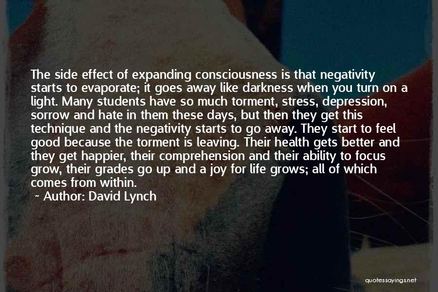 David Lynch Quotes: The Side Effect Of Expanding Consciousness Is That Negativity Starts To Evaporate; It Goes Away Like Darkness When You Turn