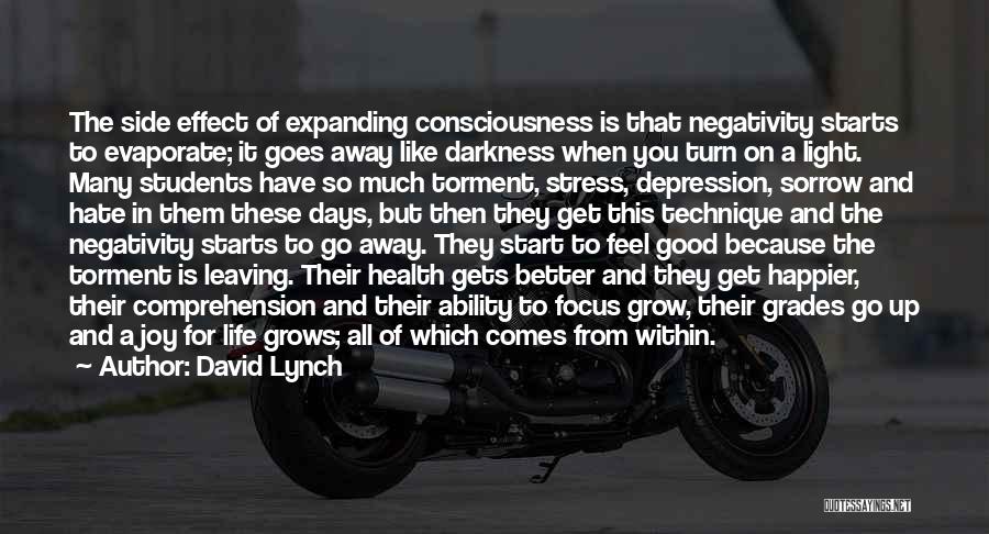 David Lynch Quotes: The Side Effect Of Expanding Consciousness Is That Negativity Starts To Evaporate; It Goes Away Like Darkness When You Turn
