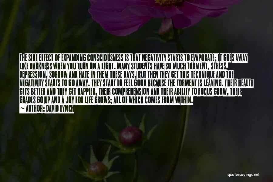 David Lynch Quotes: The Side Effect Of Expanding Consciousness Is That Negativity Starts To Evaporate; It Goes Away Like Darkness When You Turn