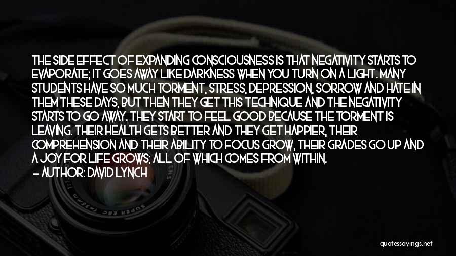 David Lynch Quotes: The Side Effect Of Expanding Consciousness Is That Negativity Starts To Evaporate; It Goes Away Like Darkness When You Turn