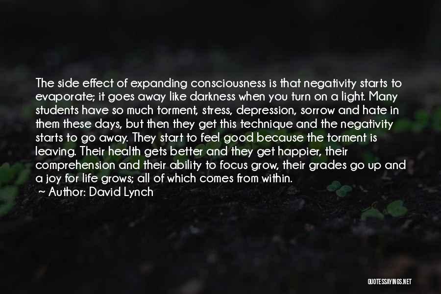 David Lynch Quotes: The Side Effect Of Expanding Consciousness Is That Negativity Starts To Evaporate; It Goes Away Like Darkness When You Turn