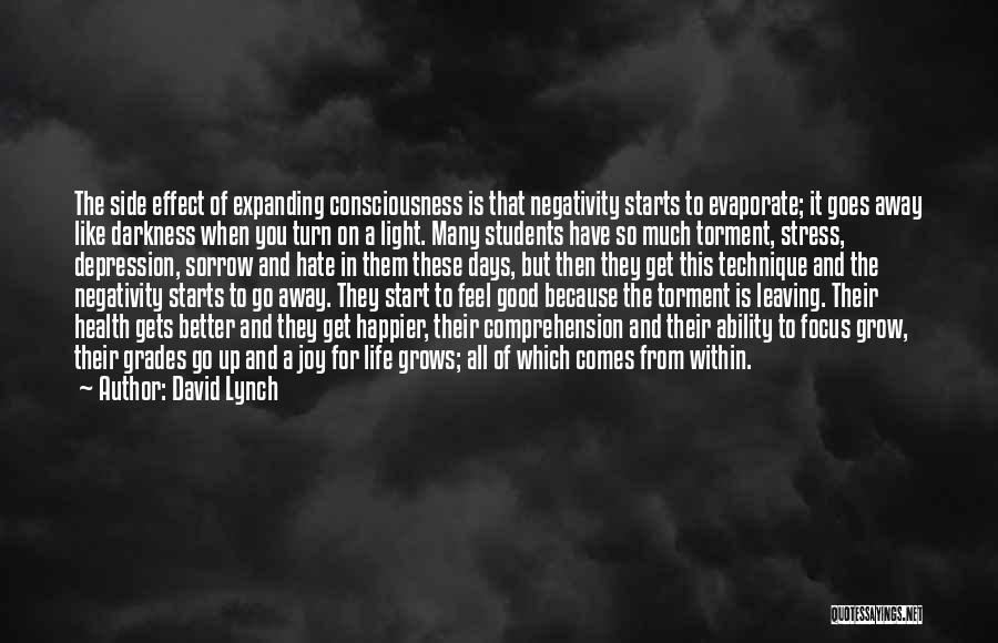 David Lynch Quotes: The Side Effect Of Expanding Consciousness Is That Negativity Starts To Evaporate; It Goes Away Like Darkness When You Turn