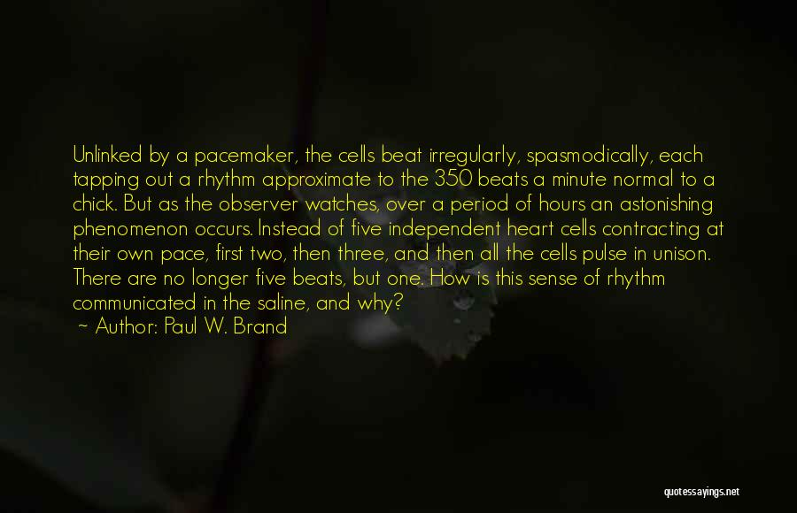 Paul W. Brand Quotes: Unlinked By A Pacemaker, The Cells Beat Irregularly, Spasmodically, Each Tapping Out A Rhythm Approximate To The 350 Beats A