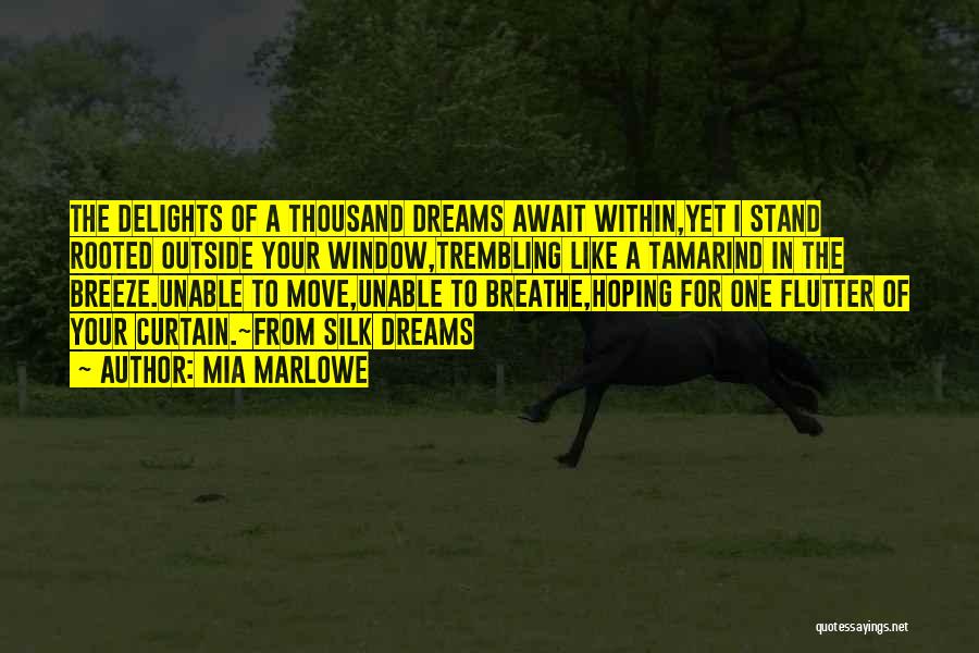 Mia Marlowe Quotes: The Delights Of A Thousand Dreams Await Within,yet I Stand Rooted Outside Your Window,trembling Like A Tamarind In The Breeze.unable