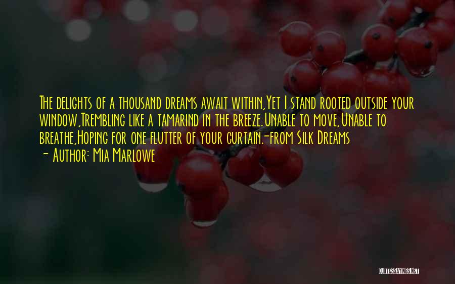 Mia Marlowe Quotes: The Delights Of A Thousand Dreams Await Within,yet I Stand Rooted Outside Your Window,trembling Like A Tamarind In The Breeze.unable