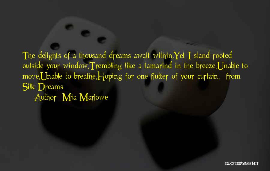 Mia Marlowe Quotes: The Delights Of A Thousand Dreams Await Within,yet I Stand Rooted Outside Your Window,trembling Like A Tamarind In The Breeze.unable