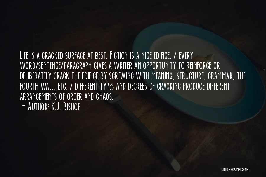 K.J. Bishop Quotes: Life Is A Cracked Surface At Best. Fiction Is A Nice Edifice. / Every Word/sentence/paragraph Gives A Writer An Opportunity