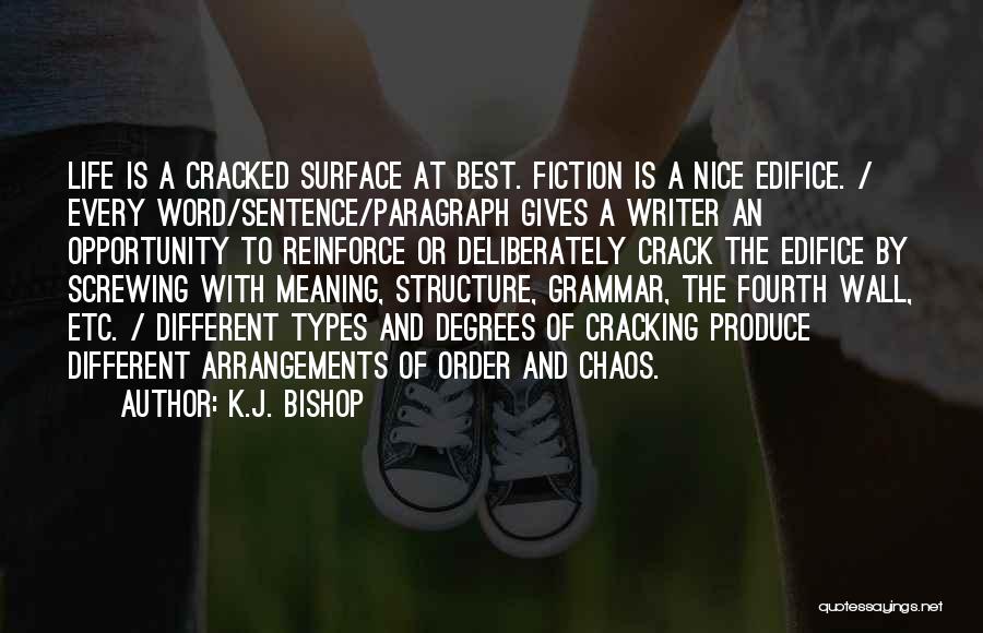 K.J. Bishop Quotes: Life Is A Cracked Surface At Best. Fiction Is A Nice Edifice. / Every Word/sentence/paragraph Gives A Writer An Opportunity