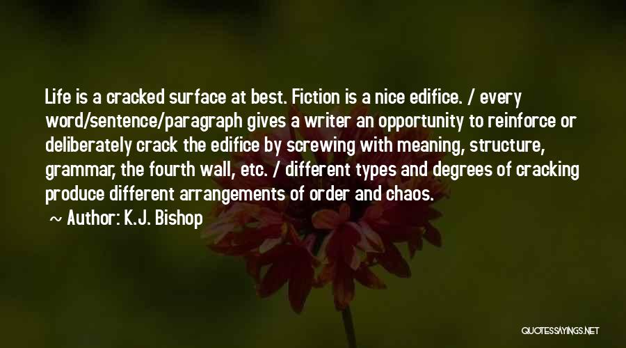K.J. Bishop Quotes: Life Is A Cracked Surface At Best. Fiction Is A Nice Edifice. / Every Word/sentence/paragraph Gives A Writer An Opportunity