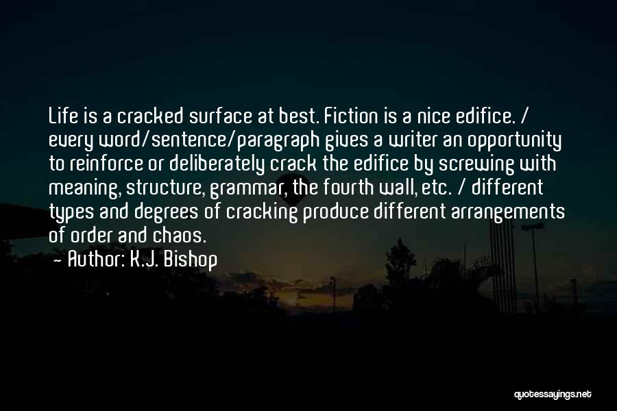 K.J. Bishop Quotes: Life Is A Cracked Surface At Best. Fiction Is A Nice Edifice. / Every Word/sentence/paragraph Gives A Writer An Opportunity