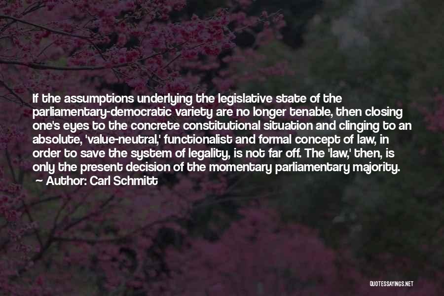 Carl Schmitt Quotes: If The Assumptions Underlying The Legislative State Of The Parliamentary-democratic Variety Are No Longer Tenable, Then Closing One's Eyes To