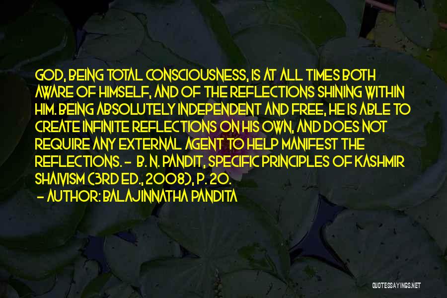 Balajinnatha Pandita Quotes: God, Being Total Consciousness, Is At All Times Both Aware Of Himself, And Of The Reflections Shining Within Him. Being