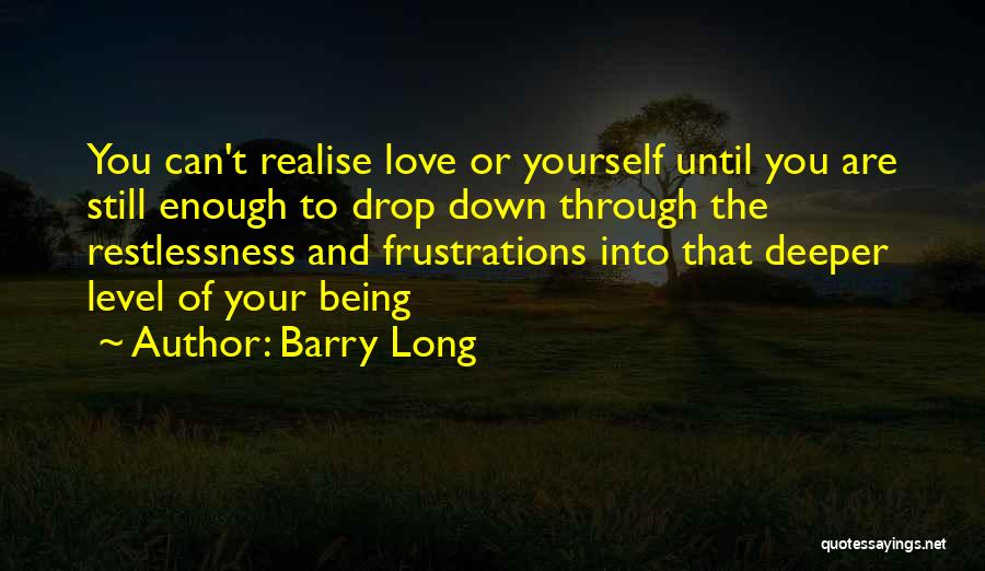Barry Long Quotes: You Can't Realise Love Or Yourself Until You Are Still Enough To Drop Down Through The Restlessness And Frustrations Into