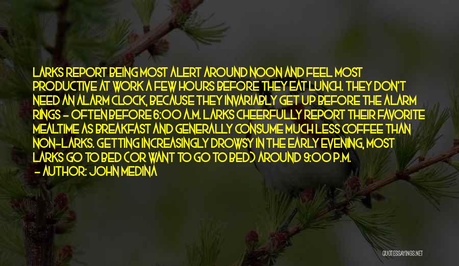 John Medina Quotes: Larks Report Being Most Alert Around Noon And Feel Most Productive At Work A Few Hours Before They Eat Lunch.