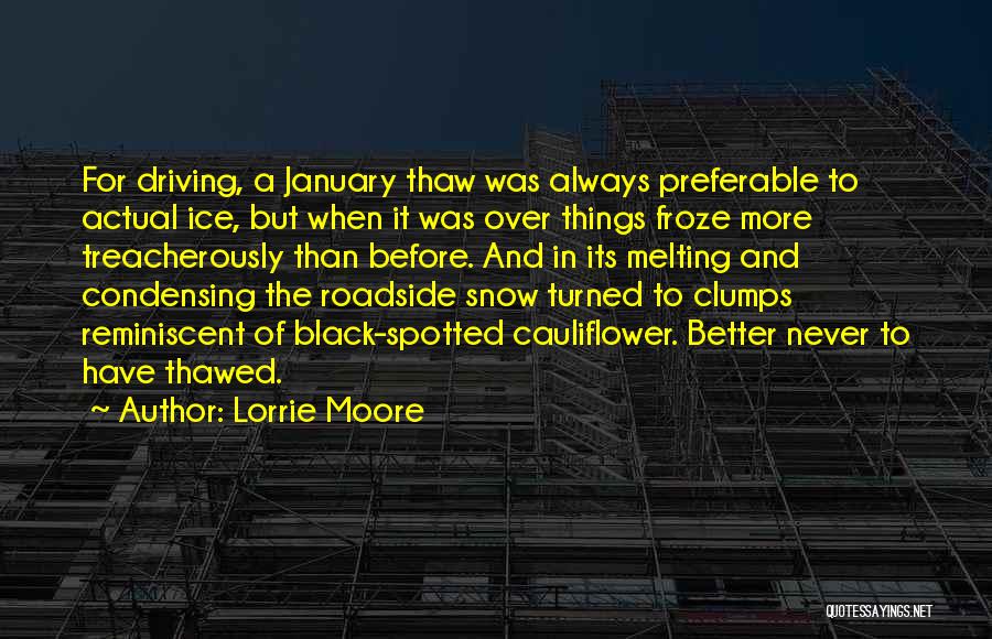 Lorrie Moore Quotes: For Driving, A January Thaw Was Always Preferable To Actual Ice, But When It Was Over Things Froze More Treacherously