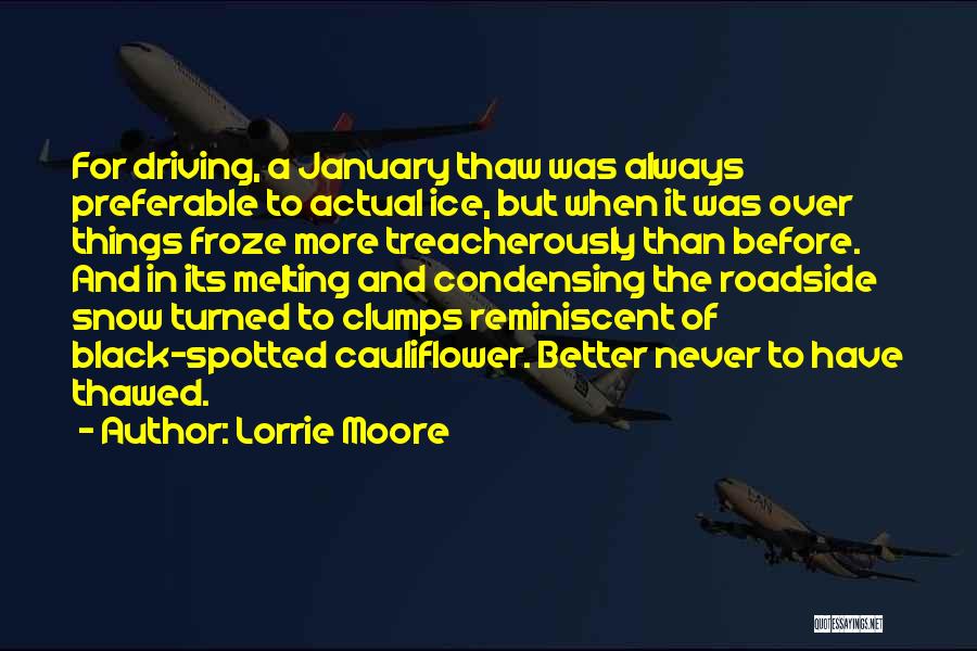 Lorrie Moore Quotes: For Driving, A January Thaw Was Always Preferable To Actual Ice, But When It Was Over Things Froze More Treacherously