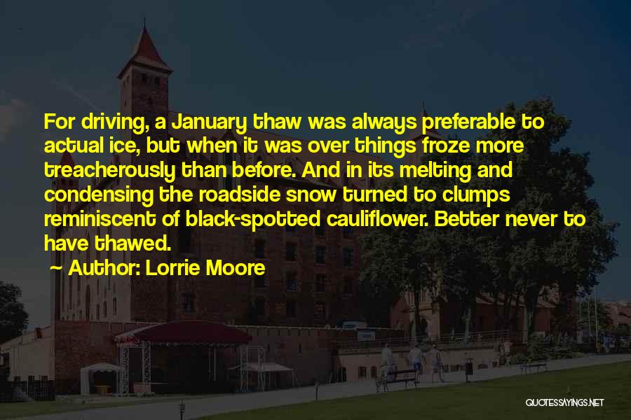 Lorrie Moore Quotes: For Driving, A January Thaw Was Always Preferable To Actual Ice, But When It Was Over Things Froze More Treacherously