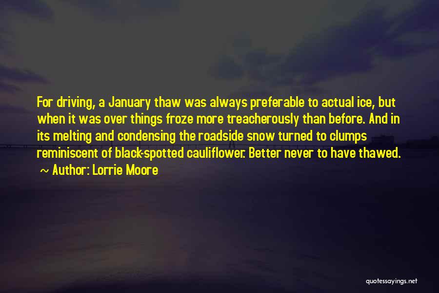 Lorrie Moore Quotes: For Driving, A January Thaw Was Always Preferable To Actual Ice, But When It Was Over Things Froze More Treacherously