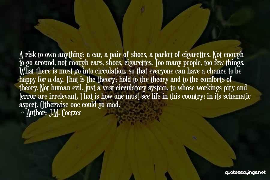 J.M. Coetzee Quotes: A Risk To Own Anything: A Car, A Pair Of Shoes, A Packet Of Cigarettes. Not Enough To Go Around,