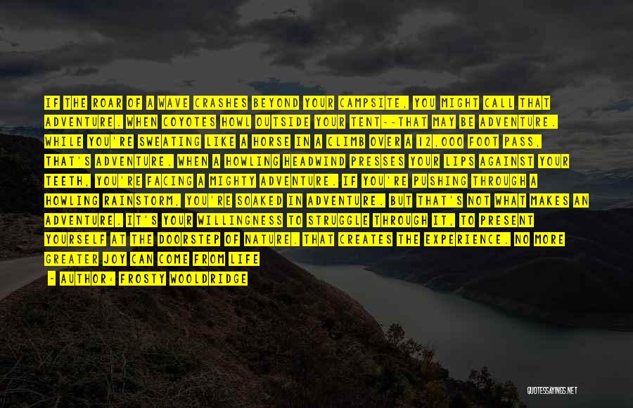 Frosty Wooldridge Quotes: If The Roar Of A Wave Crashes Beyond Your Campsite, You Might Call That Adventure. When Coyotes Howl Outside Your