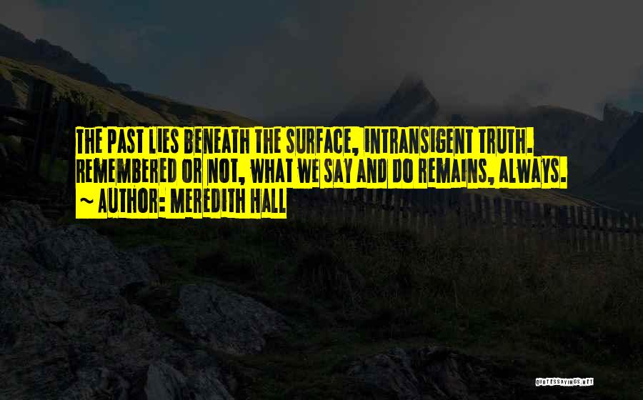 Meredith Hall Quotes: The Past Lies Beneath The Surface, Intransigent Truth. Remembered Or Not, What We Say And Do Remains, Always.