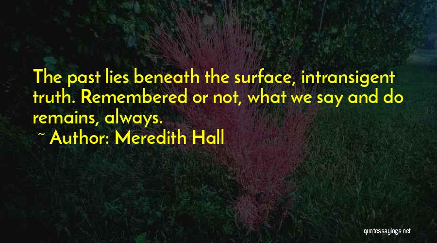 Meredith Hall Quotes: The Past Lies Beneath The Surface, Intransigent Truth. Remembered Or Not, What We Say And Do Remains, Always.